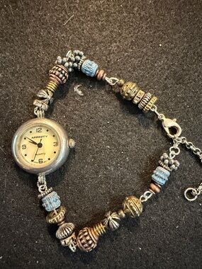 Finity Silver and Antique Gold Beaded Bracelet Watch with Light Blue Accents